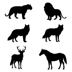 Silhouette collection of majestic animals tiger, lion, wolf, deer, and horse in a black outline