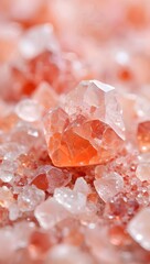 Close up shot of himalayan pink salt crystals with soft focus and shallow depth field
