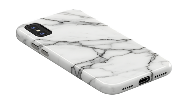 White marble texture covers a glossy phone case. Modern style. Product mockup, e-commerce visuals, social media designs.