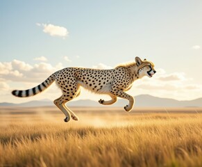 Obraz premium Cheetah Running in Open Field Under Sunny Sky with Clouds and Mountains in Background Capturing Speed and Grace of Wild Animal in Natural Habitat