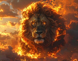 Fiery lion in sunset sky
