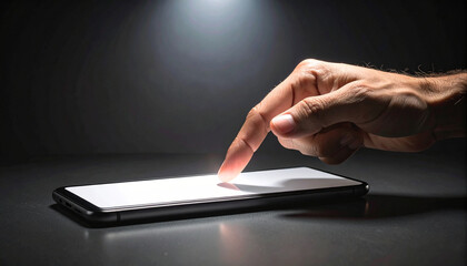 Touching Screen Hand Interacting with Smartphone Technology on Dark Surface