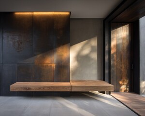 Modern entryway design with a warm wooden bench and dark metal walls, showcasing a minimalist aesthetic.