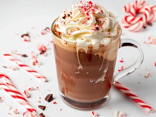 Hot chocolate topped with whipped cream and crushed candy canes during winter festivities in a cozy setting