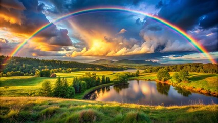 Obraz premium Vibrant Landscape with Rainbow Emerging After the Storm a Serene Lake Reflecting the Sunlight Through the Clouds