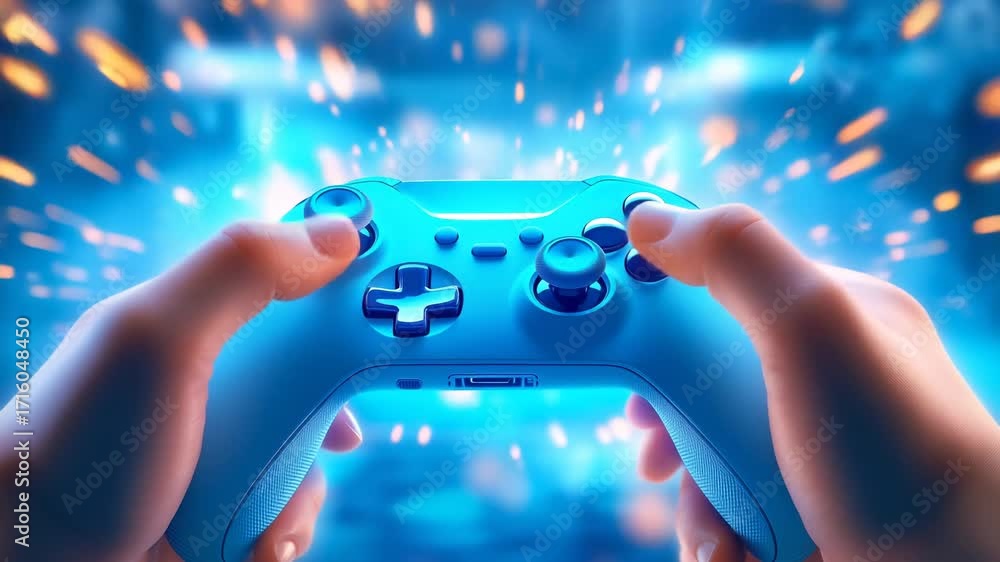 Poster hands holding blue video game controller with vibrant blue and orange particle background. close-up 