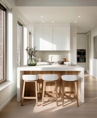 Modern, bright kitchen island with light oak bar stools bathed in natural light.