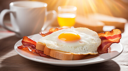 Fototapeta premium Petit-déjeuner, oeuf au plat et bacon dans une assiette avec une tasse de café sur la table. Ambiance matinale, lumière claire. Nourriture, boisson, matin. 