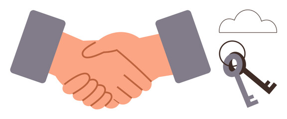 Two hands shaking symbolizing agreement, keys for access or security, and a cloud for modern technology. Ideal for partnership, trust, security, deal, technology, networking simple flat metaphor