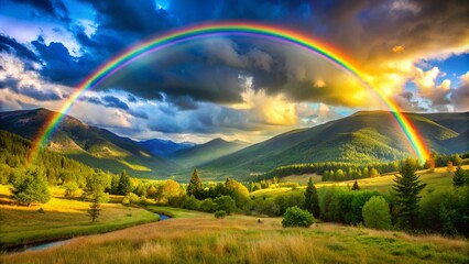 Fototapeta premium Vivid Rainbow Over Serene Valley Green Hills and Golden Fields an Enchanting Natural Spectacle