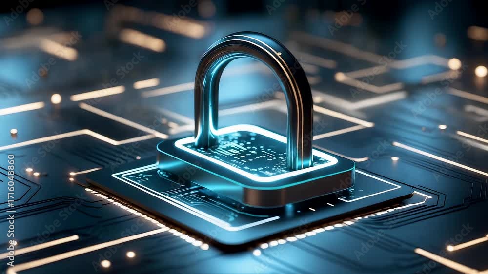 Poster digital padlock glowing on electronic circuit board symbolizing cybersecurity encryption data protec