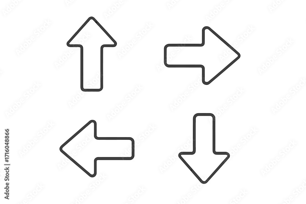 Poster arrow outline icon set. up, down, left, and right direction signs collection. simple pointer and nav