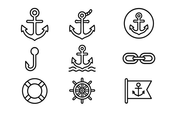 Nautical icon set simple line art. Marine vector symbol collection with anchor, ship wheel, lifebuoy, hook. Editable stroke for boat, sea, and ocean travel design graphic.
