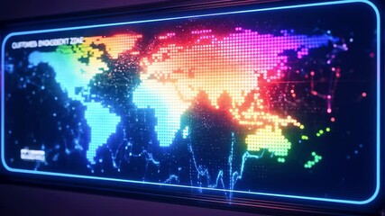 Colorful digital world map display with data visualization and neon effects in a modern setting - Powered by Adobe