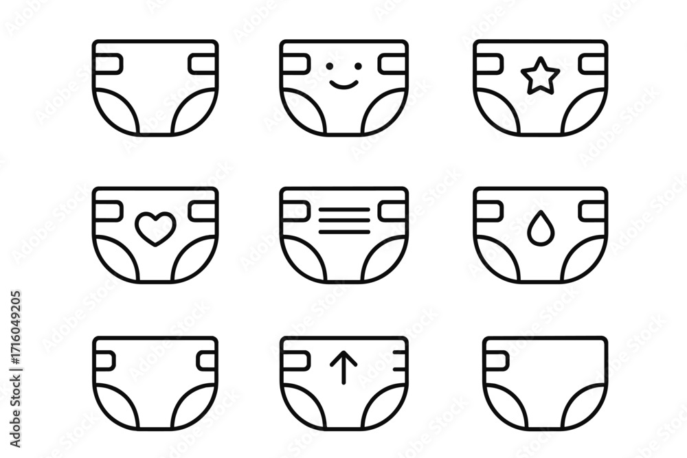 Poster diaper line icon set. baby nappy and newborn hygiene vector symbols. parenting and childcare concept