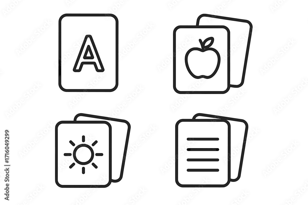 Poster flash card and memory card line icon set. education and learning concept. includes alphabet, picture