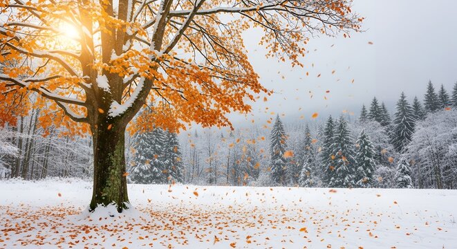 Golden Autumn Leaves Transitioning to Snowy Winter Landscape with Sunlit Tree