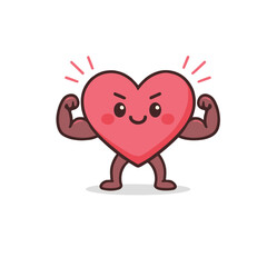 Cute Strong Heart Character Flexing Muscles – Healthy Love and Fitness Vector Illustration