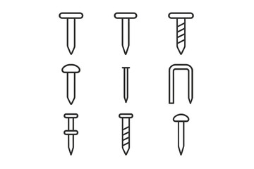 Nail, screw, staple outline icon collection. Simple linear hardware. Construction and carpentry tools set. Fastener and fixing equipment concept. Editable stroke vector illustration.