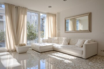 A sun-drenched, modern living area features a pristine white sectional sofa, elegant beige drapes, and a large, framed mirror.