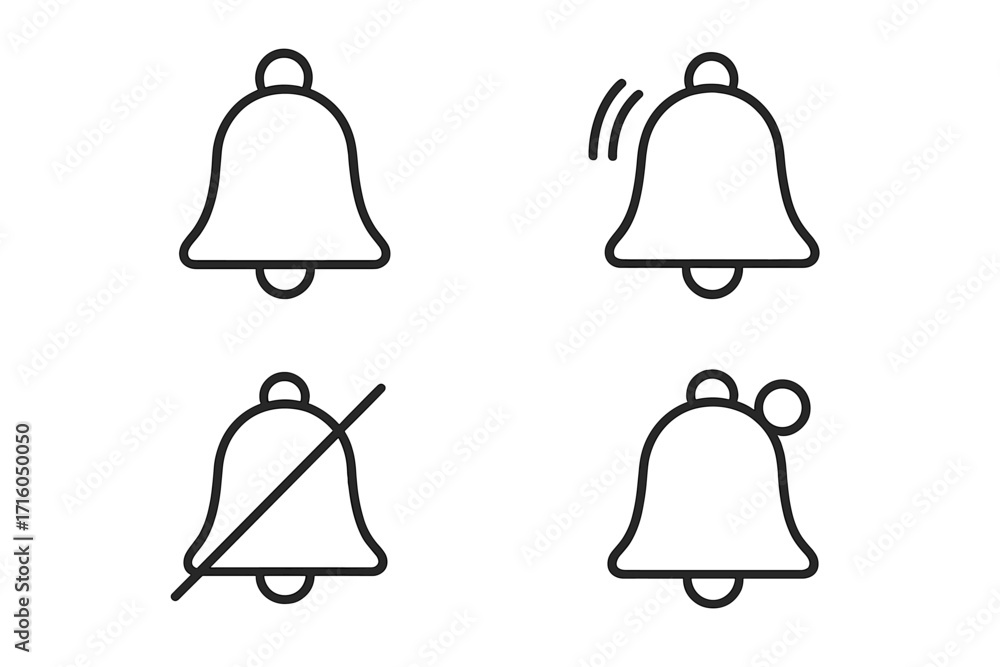 Poster notification bell icon set. line art symbol collection for web ui design. includes ringing, silent m