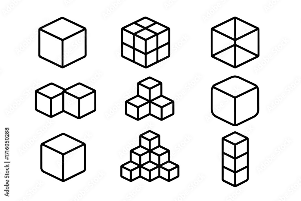 Poster cube line icon set. collection of various 3d box and block symbols for infographics or logo design. 