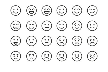 Smile face outline icon set. Simple linear emoticon collection showing various emotions. Vector for user feedback, mood, and customer satisfaction. Editable stroke for web & apps.