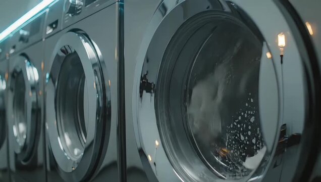 Close-up perspective of industrial washing machines spinning laundry in a commercial laundromat, a concept of daily chores and hygiene