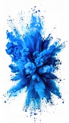 An explosion of vibrant cerulean blue paint, dynamic and energetic, against a stark white background.  Tiny blue spatters surround the main burst
