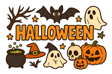 Obraz premium Halloween spooky doodle set. Cute cartoon vector illustration collection with ghost, pumpkin, bat, skull, witch hat. Holiday graphic design elements for autumn party decoration.