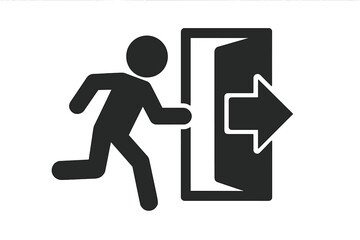 Emergency exit symbol. Man running to open door icon. Evacuation sign. Escape route concept. Person leaving, hurry, rush to safety. Way out pictogram silhouette vector.