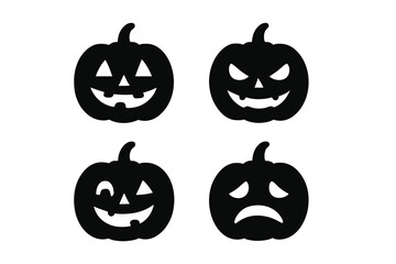 Halloween pumpkin icon set. Jack o lantern silhouette with carved faces. Spooky, happy, evil, and sad emotion expressions. Black vector graphic symbol for autumn holiday design.