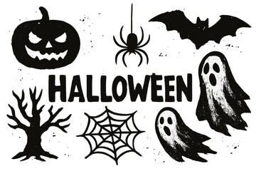 Obraz premium Halloween vector icons set with grunge texture. Spooky hand drawn illustration collection. Scary pumpkin, ghost, bat, spider, and web. Creepy holiday design elements.
