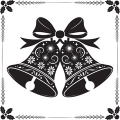 Elegant Black and White Christmas Jingle Bells with Decorative Floral Pattern and Ribbon Bow, Holiday Vector Illustration