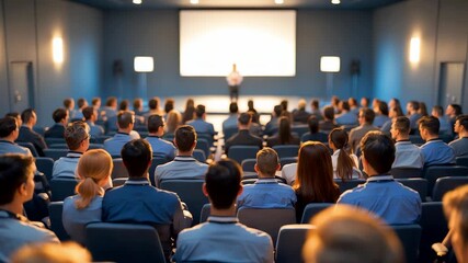 Large audience seated in conference hall listening to speaker on stage with big presentation screen during corporate seminar event - Powered by Adobe