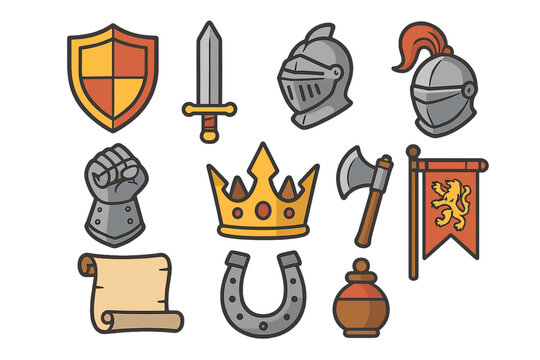 Medieval knight and kingdom icon set. Cartoon vector illustration for fantasy RPG games. Includes shield, sword, helmet, crown, gauntlet, axe, flag, and scroll icons. - Powered by Adobe