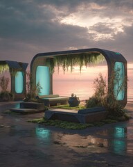 A futuristic, outdoor seating area with glowing windows, overlooking a tranquil sea at sunrise.  The stylish concrete structures are adorned with lush greenery.