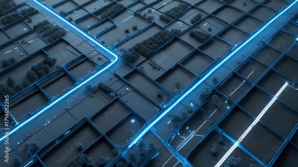 Poster digital city grid with glowing blue neon lines showing abstract aerial map of streets blocks and con