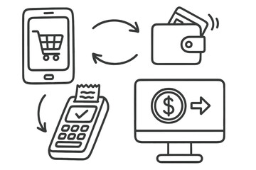 Online payment doodle icon set. Mobile banking and e-commerce concept. Money transfer, contactless purchase with credit card, pos terminal transaction. Finance technology vector.