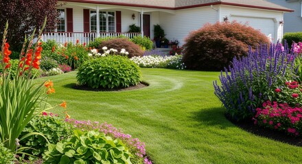 Obraz premium A beautifully manicured suburban home garden showcasing vibrant flowers, lush green grass, and meticulously sculpted bushes, creating a picture-perfect curb appeal for a welcoming residential exterior