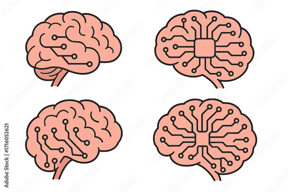 Poster ai brain icon set. artificial intelligence, machine learning concept. human mind with computer chip 
