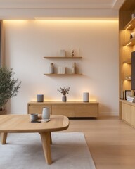 A modern, minimalist living room boasts warm oak wood tones and ambient lighting, showcasing stylish furniture and sleek design elements.