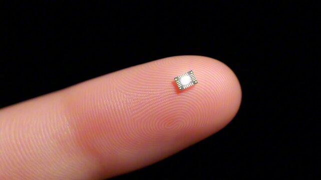 Electronic microchip blinking on human fingertip symbolizes innovation and modern science