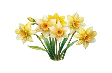 Watercolor Painting of Yellow Daffodils Bouquet on a White Background