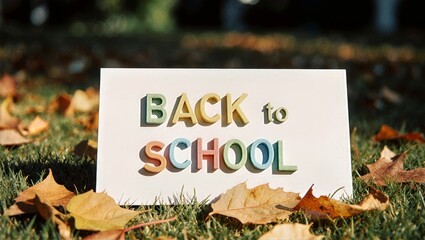 Playful Block Back to School Letters on Lawn, Sunlit Grass and Leaves Cheerful Park Autumn Background