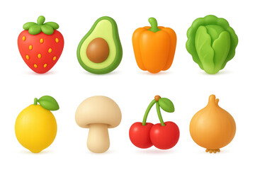Colorful 3d food icons featuring fruit and vegetables in a vibrant, playful style