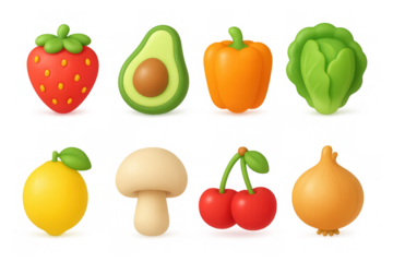 Colorful 3d food icons featuring fruit and vegetables in a vibrant, playful style