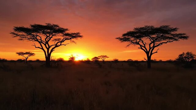 Vibrant African savanna sunset casts dramatic silhouettes of acacia trees against a fiery sky.