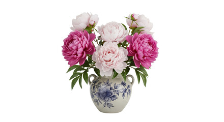 Pink and white peony flowers in a vase isolated PNG with Transparent Background