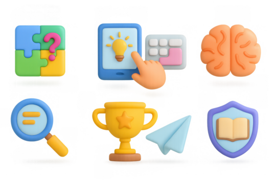 Colorful 3d icons for creativity and learning in technology and innovation - Powered by Adobe